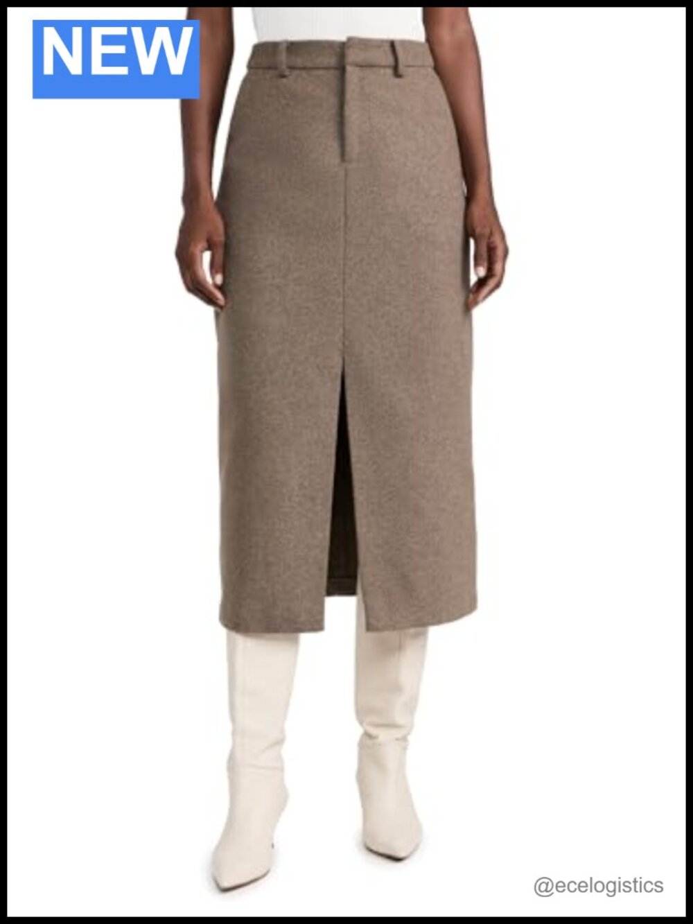Wool Suiting Midi Skirt High Rise Fitted Casual